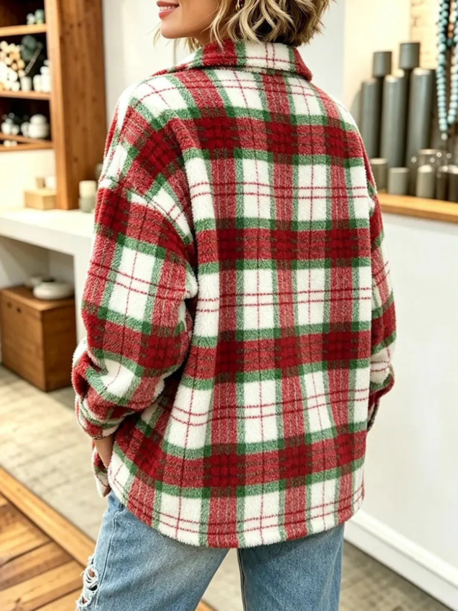 Vintage Plaid Pattern Art Casual Stylish Long Sleeve Lapel Fleece Coat