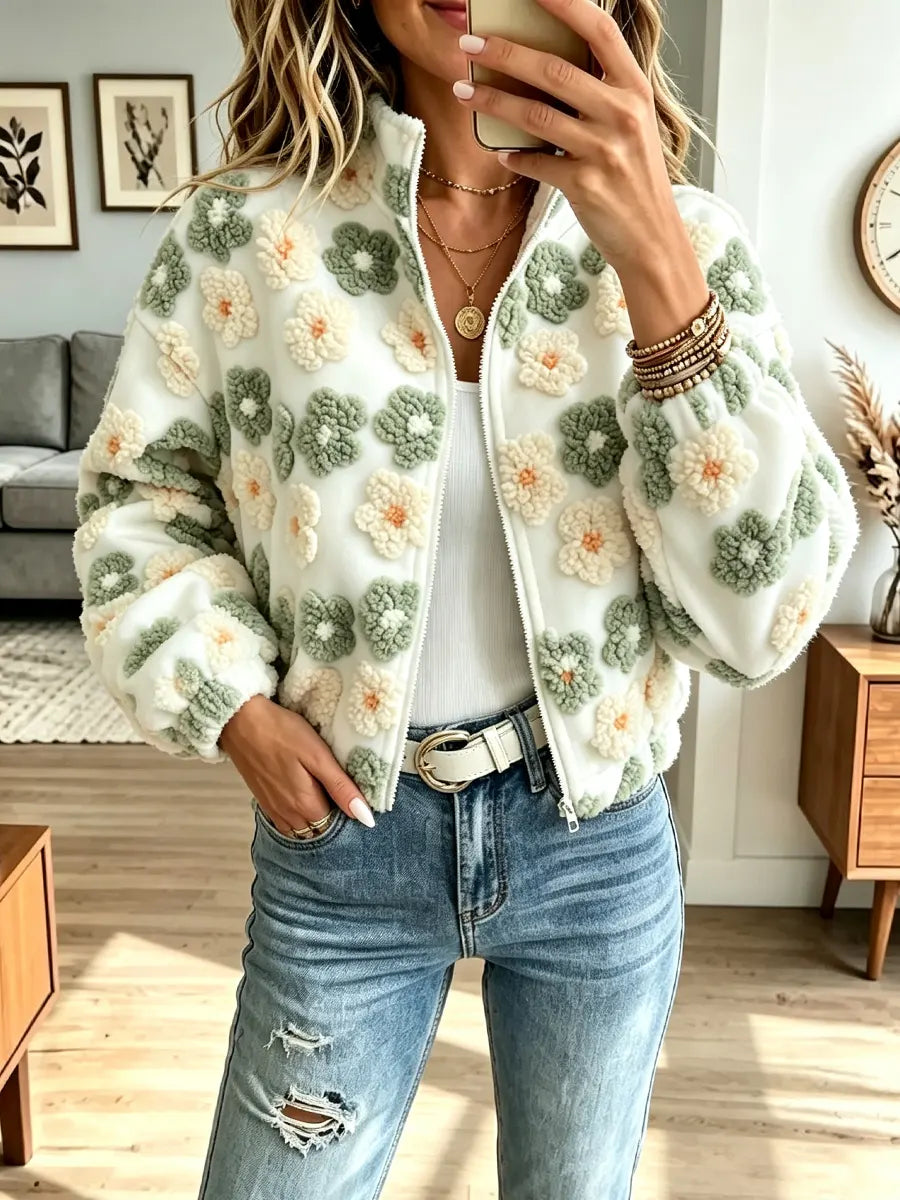 Retro Fuzzy Warm Floral Pattern Zip Art Casual Stylish Long Sleeve Coat