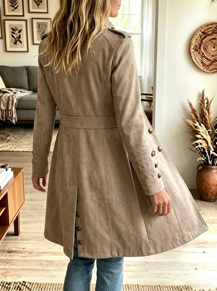 Women Khaki Faux Suede Double Breasted Military Style Long Coat