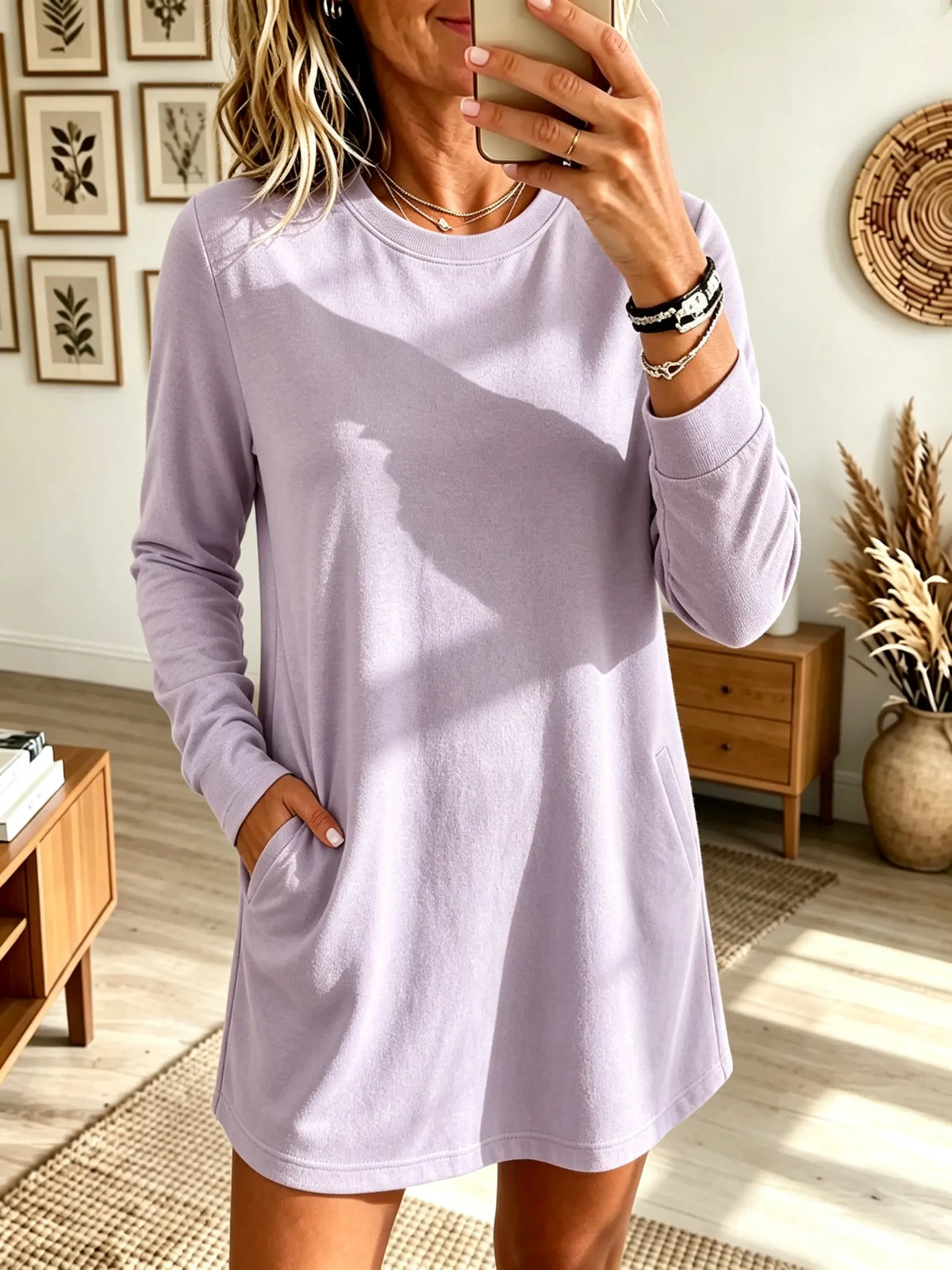 Women's Long-Sleeve Crewneck Fleece Tunic Sweatshirt Dress
