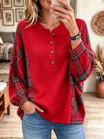 Women's Red Ribbed Knit Henley Top With Festive Plaid Contrast Panels
