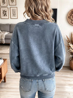 Women's Vintage Blue Mineral Wash V-neck Sweatshirt With Half Zip