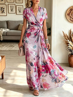 Women's Watercolor Floral Twist Waist Maxi Dress, Short Sleeve Wrap Chiffon Party Dress