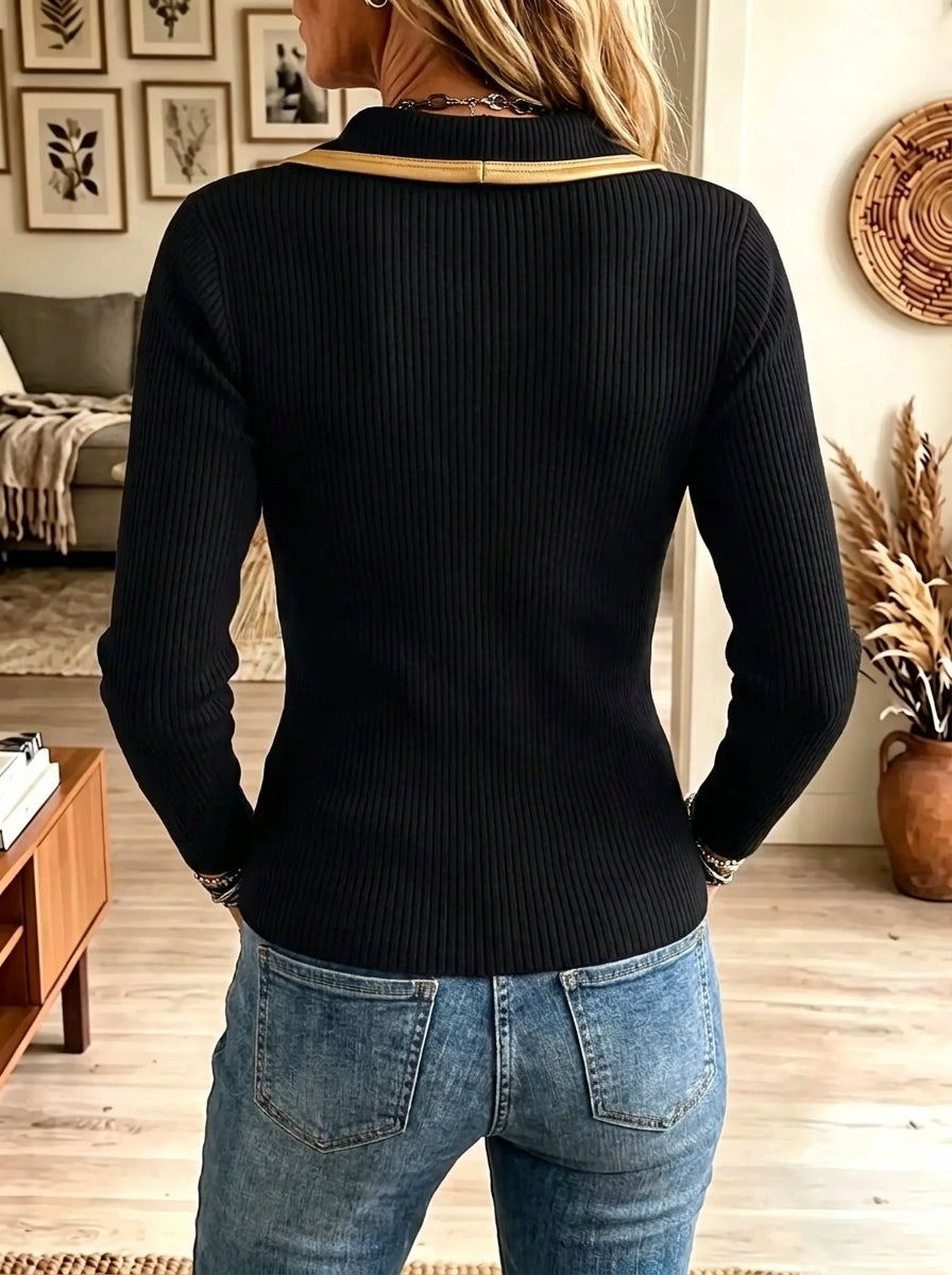 Women's Gold Trim Asymmetrical Button Ribbed Top