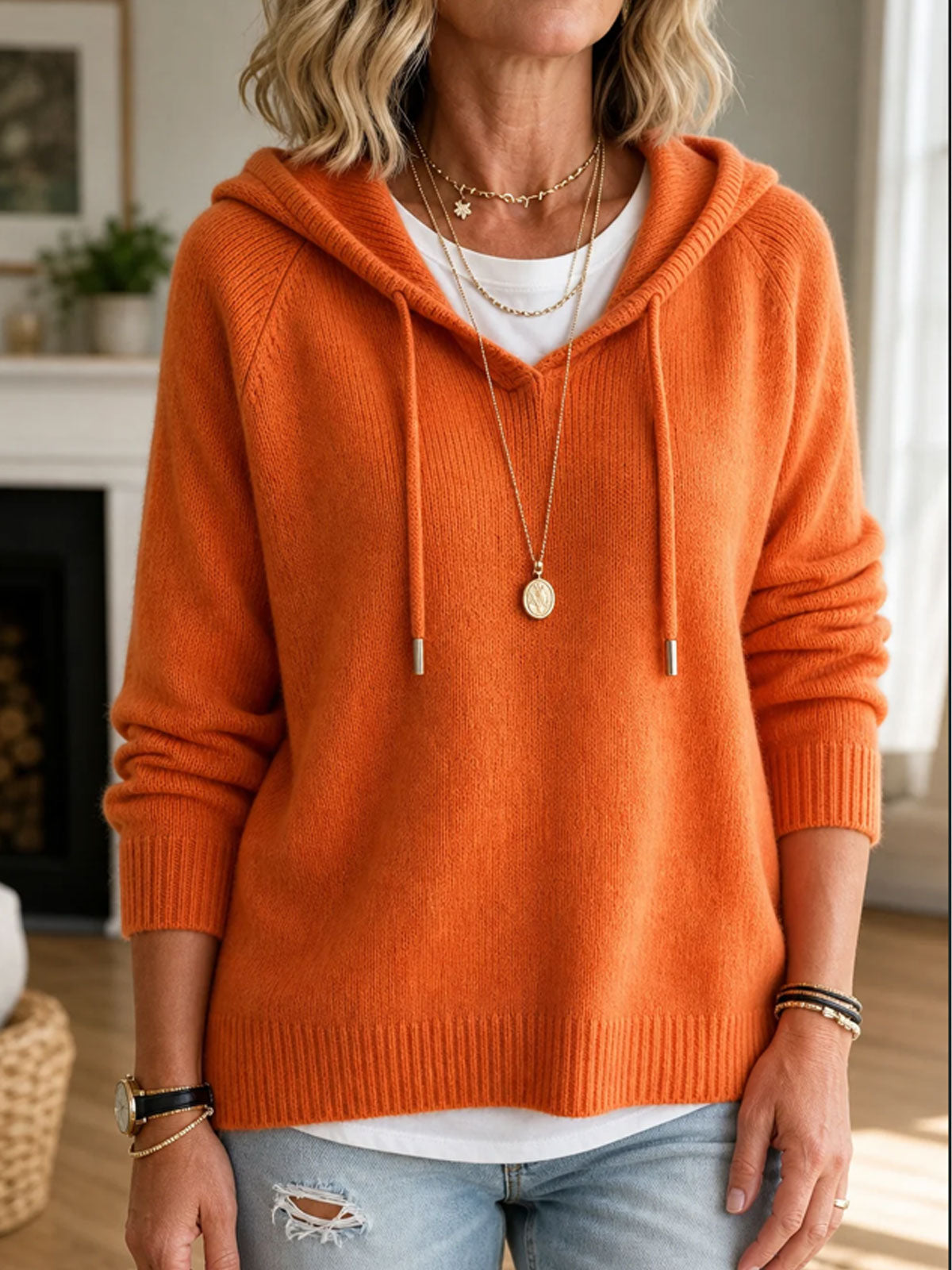 Women's V Neck Drawstring Hooded Knit Sweater, Long Sleeve Loose Casual Pullover