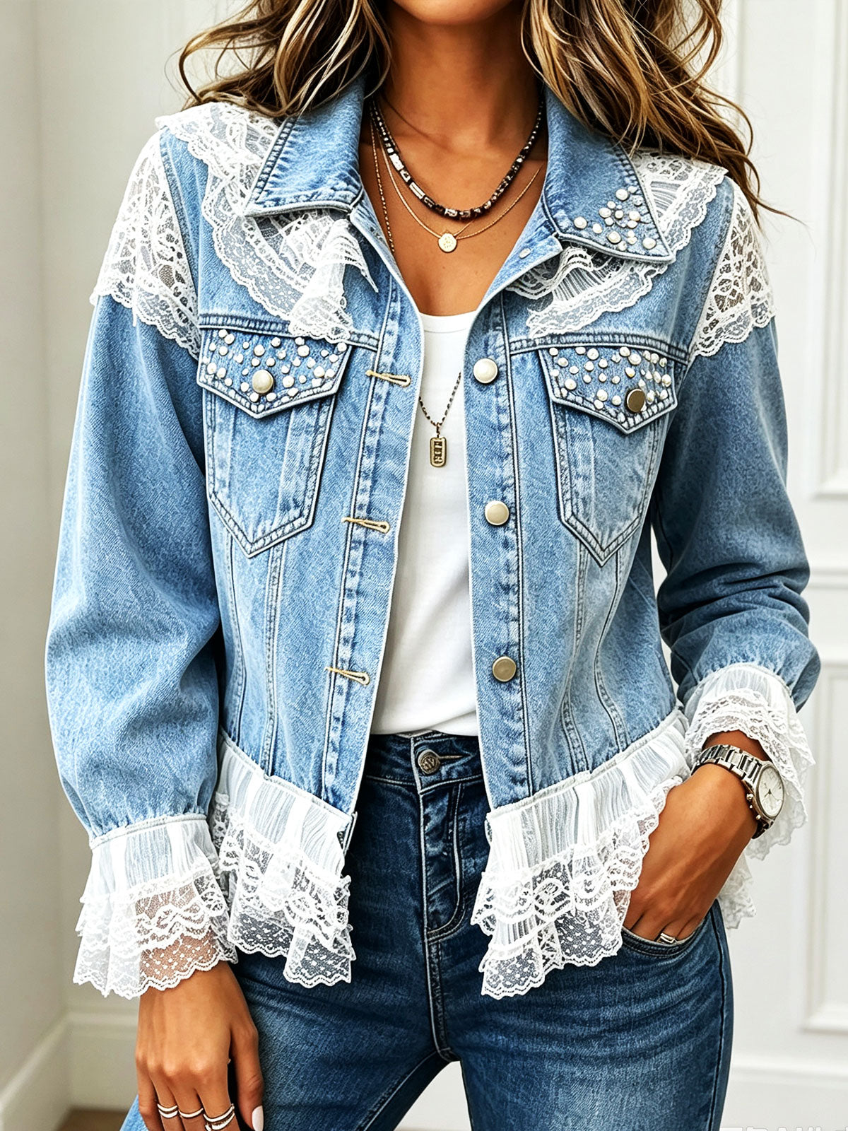Women's Lace Pearl Denim Jacket, Rivet Pocket Vintage Western Jean Coat