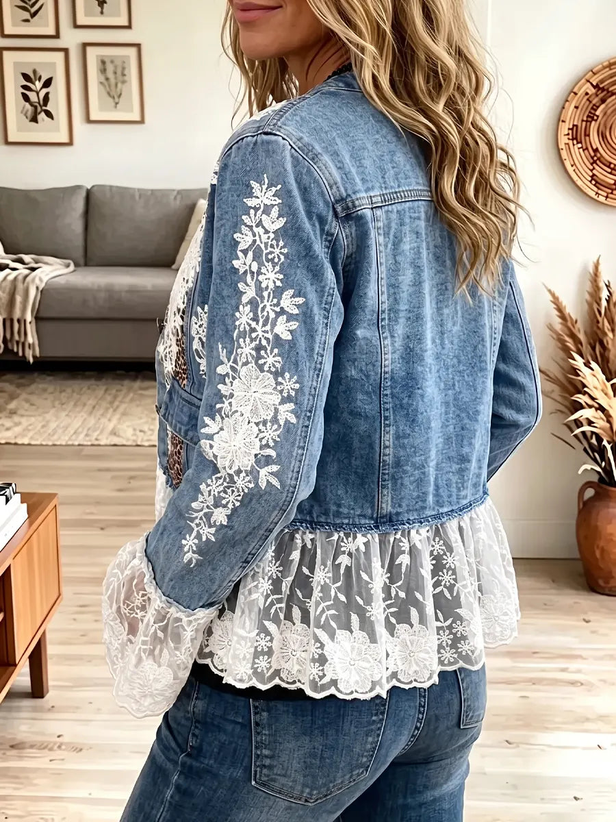 Vintage Elegant Denim Patchwork Floral Lace Jacket