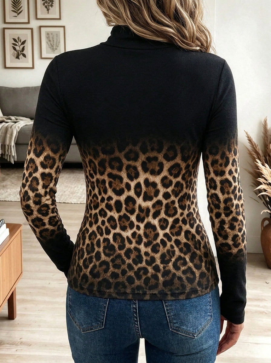Women's Black and Brown Ombre Leopard Print Turtleneck Long Sleeve Top