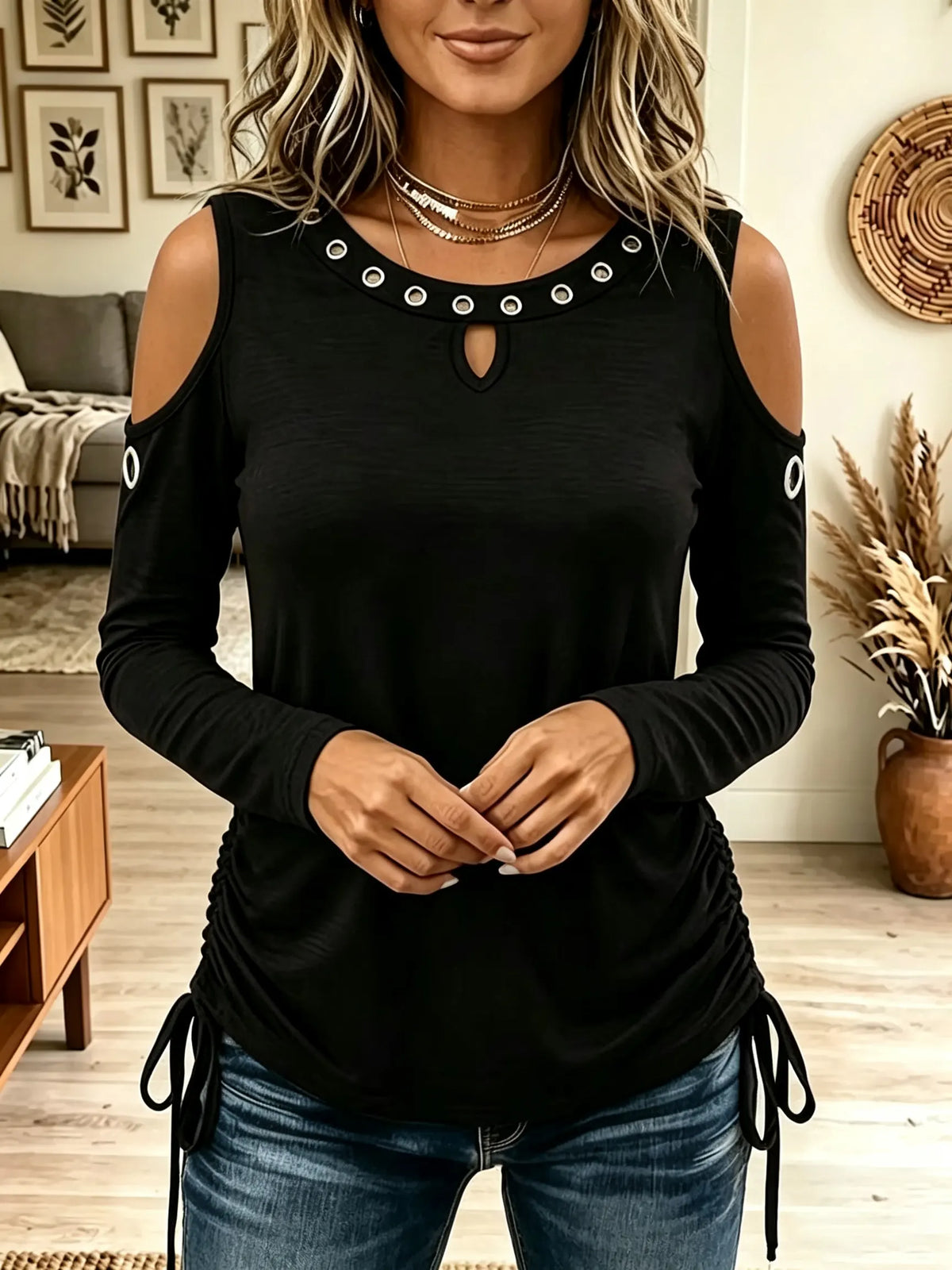 Women's Grommet Keyhole Cold-Shoulder Top