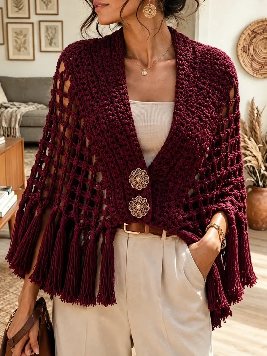 Women's Bohemian Style Hollow Crochet Tassel Shawl Cape Cardigan