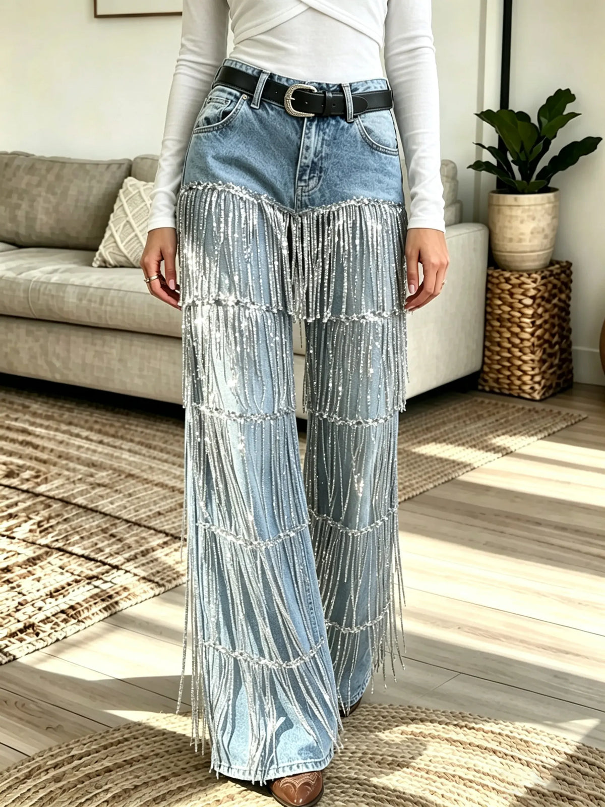 Women's Tiered Rhinestone Fringe Wide-Leg Denim Jeans