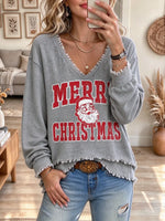 Women's Merry Christmas Santa Print Fringed V-neck Top
