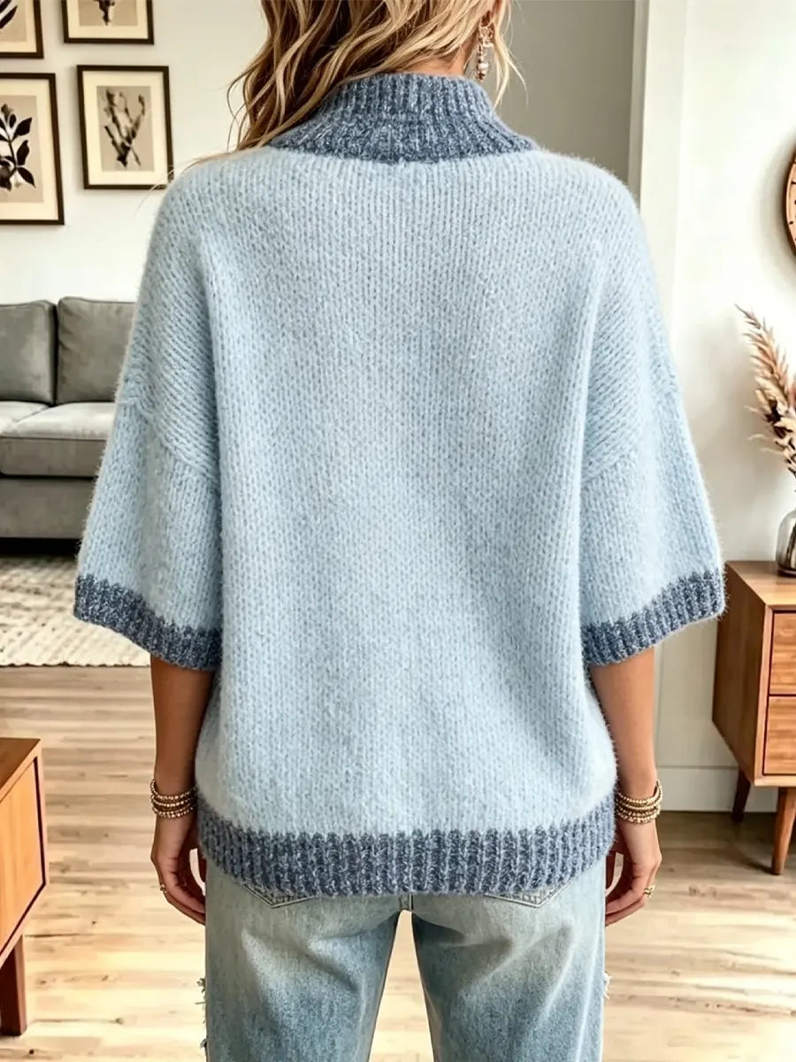 Vintage Zip Stand Collar Knit Art Casual Stylish 3/4 Sleeve Sweater