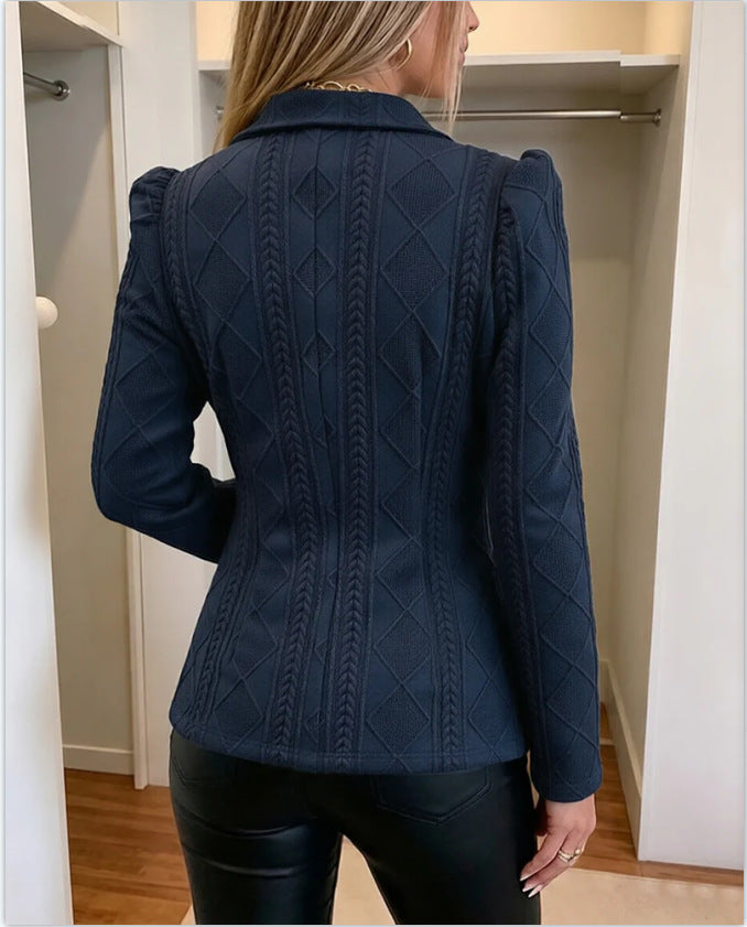 Women Cream Diamond Cable Knit Notched Lapel Blazer Cardigan