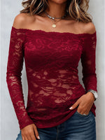 Women's Off Shoulder Lace Top, Long Sleeve Floral Lace Slim Fit Blouse
