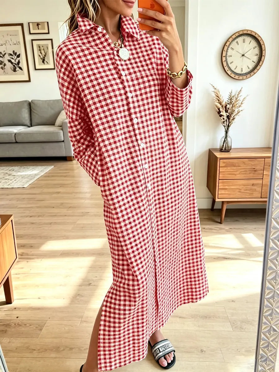 Vintage Plaid Pattern Lapel Art Casual Stylish Long Sleeve Dress