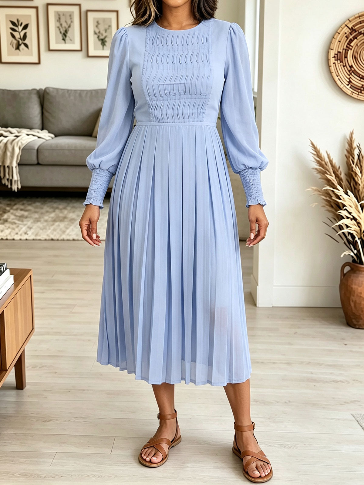 Women's Chiffon Pleated Midi Dress, Puff Sleeve Smocked Cuff Casual A-Line Dress