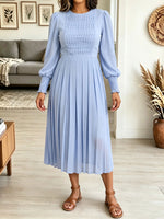 Women's Chiffon Pleated Midi Dress, Puff Sleeve Smocked Cuff Casual A-Line Dress