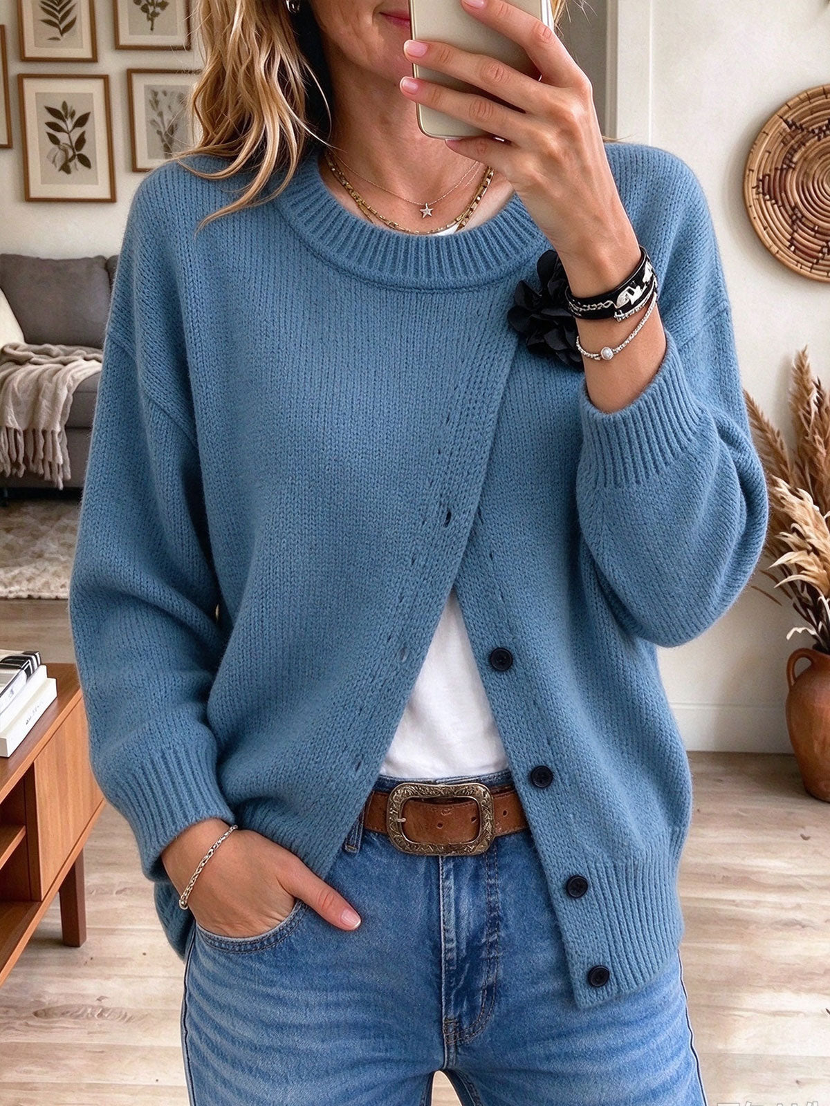 Women's Blue Crew Neck Oversized Cardigan with Asymmetric Button Front