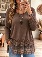 Women's Brown Ribbed Knit Long Sleeve Top with Floral Lace Hem