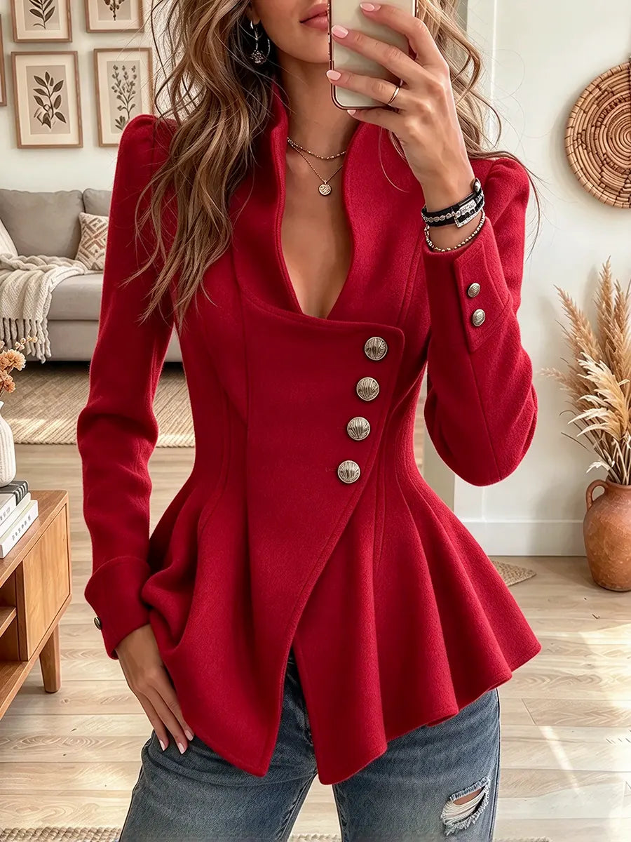 Women's V Neck Peplum Wool Blend Jacket