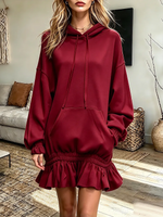 Vintage Elegant Cotton Blend Patchwork Ruffle Hooded Sweatshirt Dress