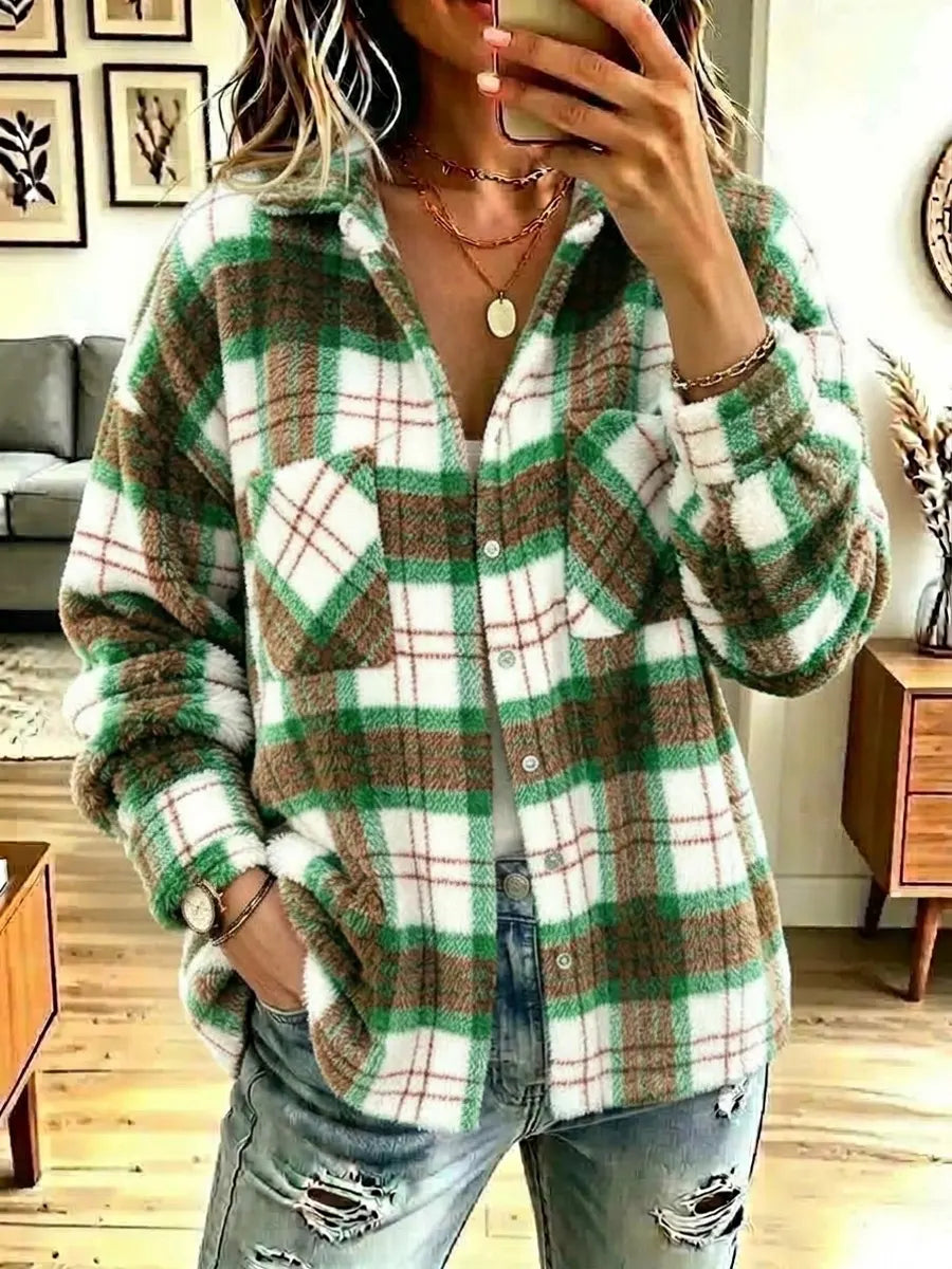 Vintage Plaid Pattern Art Casual Stylish Long Sleeve Lapel Fleece Coat