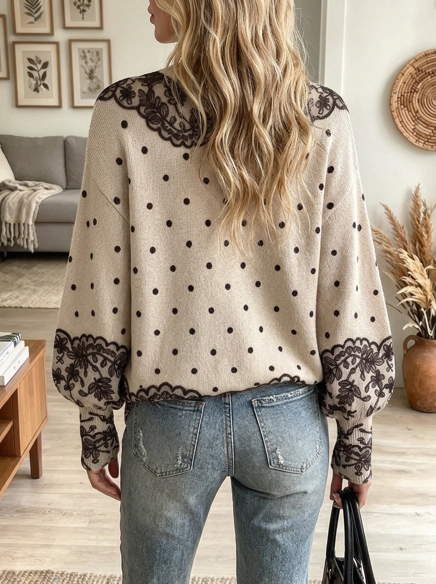 Women's Lace Trim Polka Dot Slouchy Sweater
