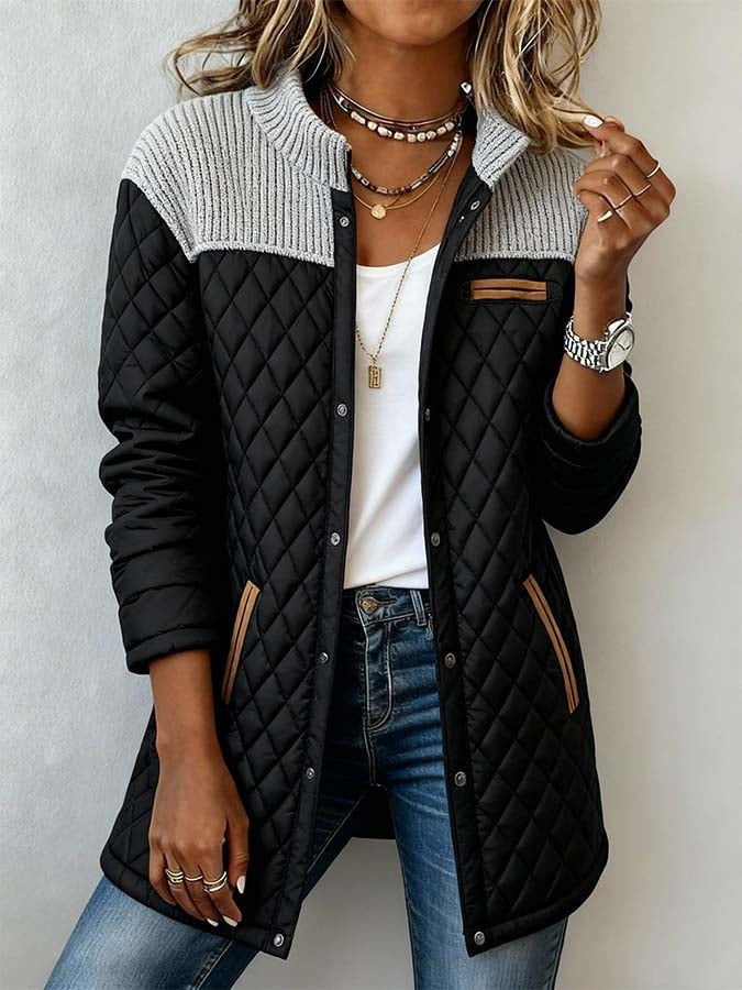 Women Knit Collar Patchwork Diamond Quilted Button Coat
