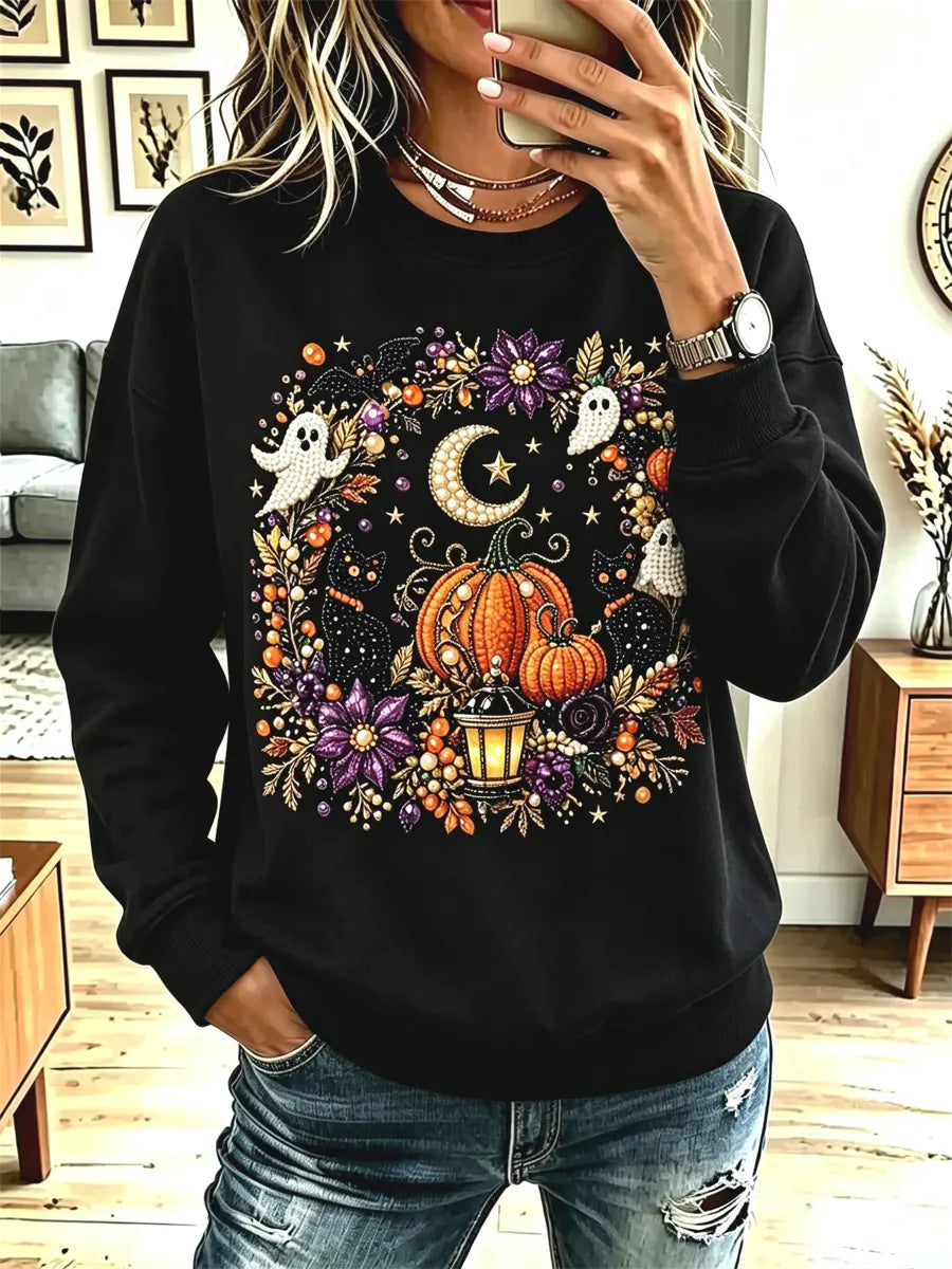 Vintage Halloween Ghost Pattern Art Casual Stylish Long Sleeve Sweatshirt