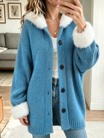 Women Blue Chunky Knit Cardigan With White Faux Fur Collar & Cuffs