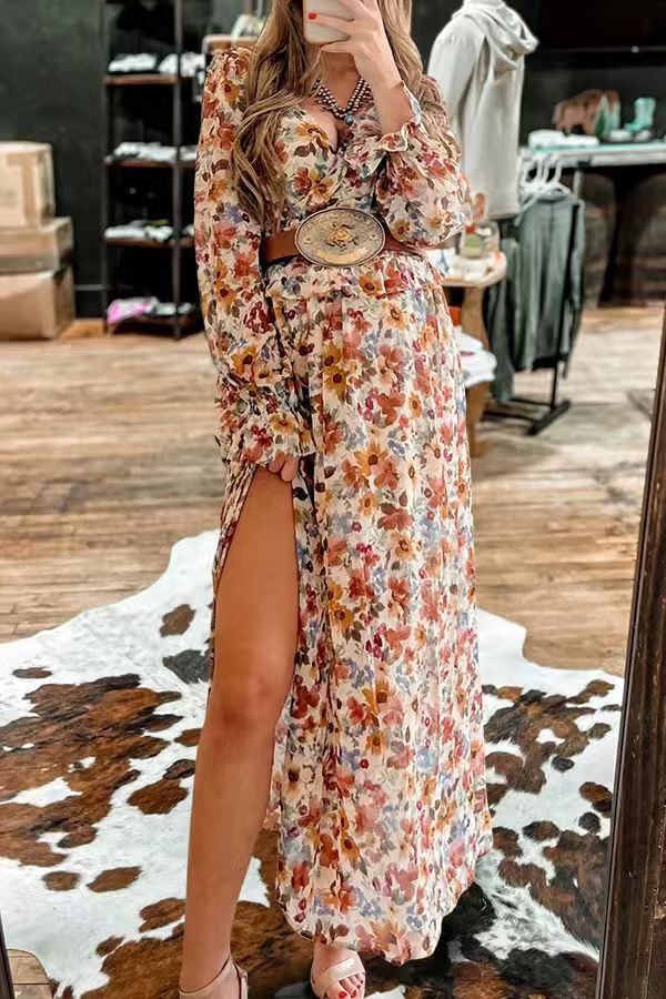 Women's Vintage Floral Maxi Dress, Long Sleeve V Neck Slit Boho Belted Dress