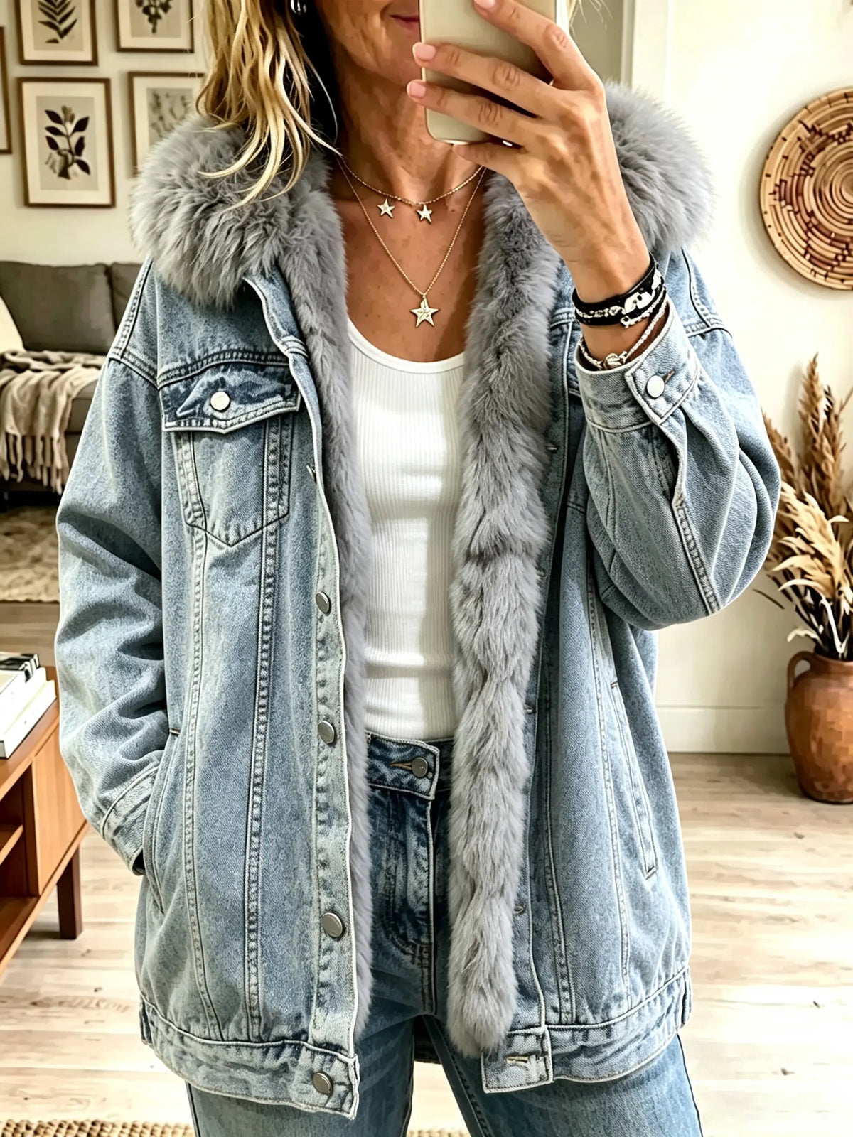 Women's Faux Fur Trim Hooded Denim Jacket