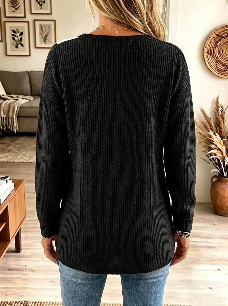 Women's Pearl Embellished Colorblock V-Neck Sweater