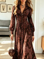 Vintage Floral Pattern Art Zip Casual Stylish Long Sleeve Dress
