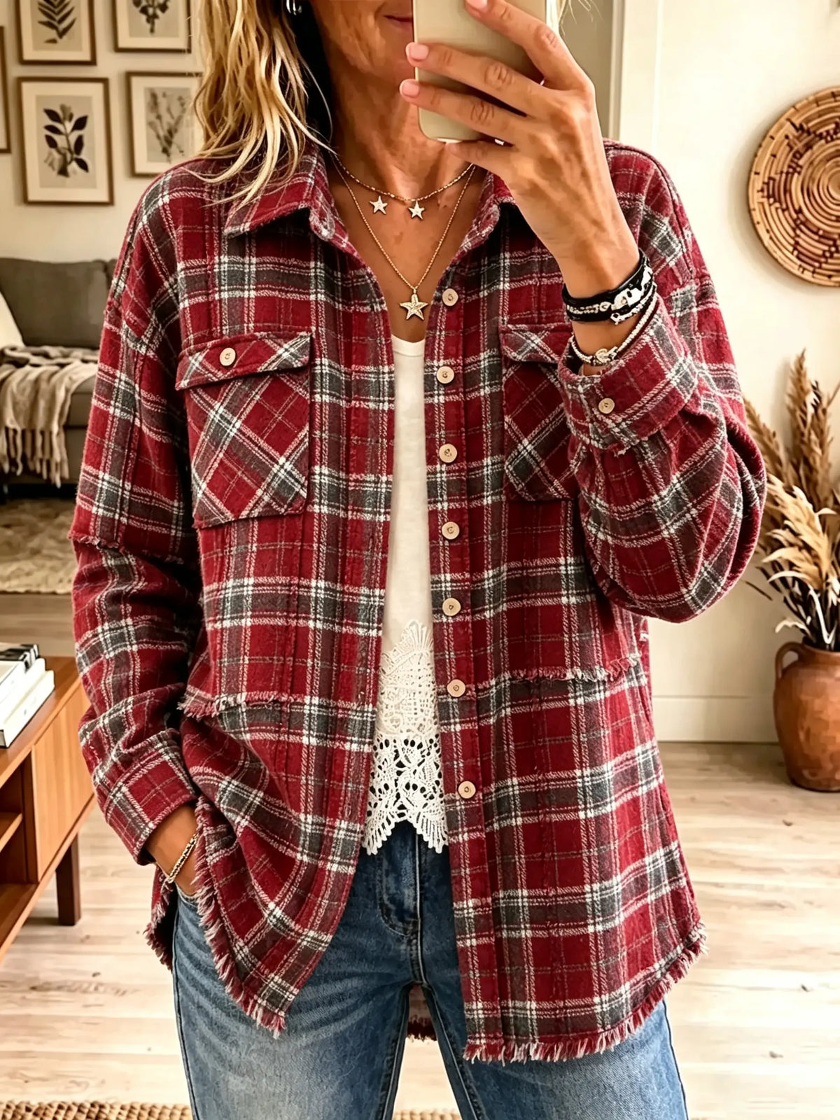 Women's Plaid Fringed Hem Oversized Button-Down Shacket