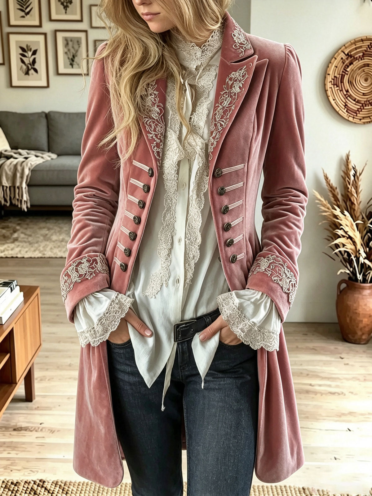 Women Dusty Pink Velvet Embroidered Victorian Long Coat