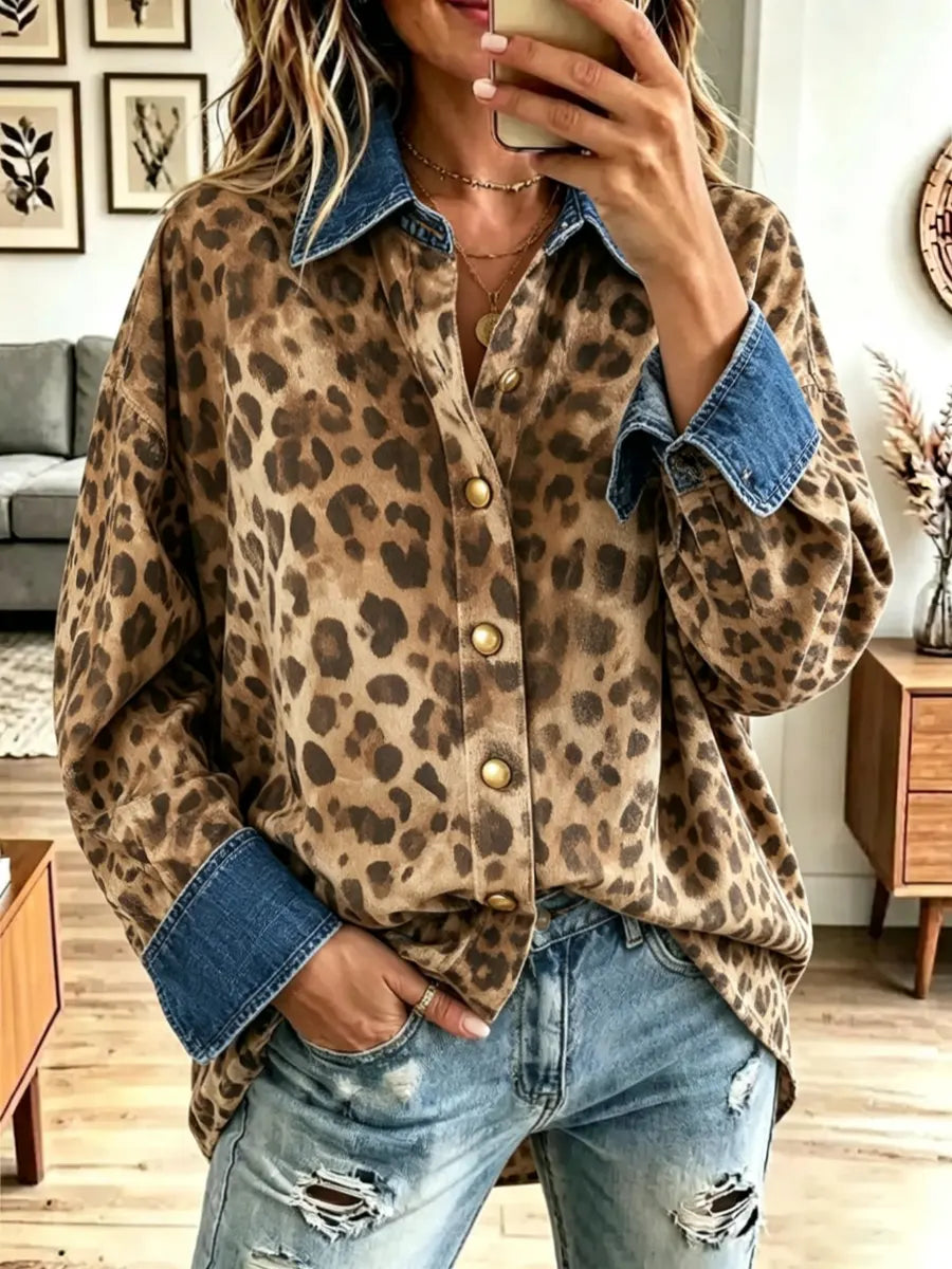 Retro Leopard Pattern Art Casual Stylish Long Sleeve Denim Patchwork Shirt