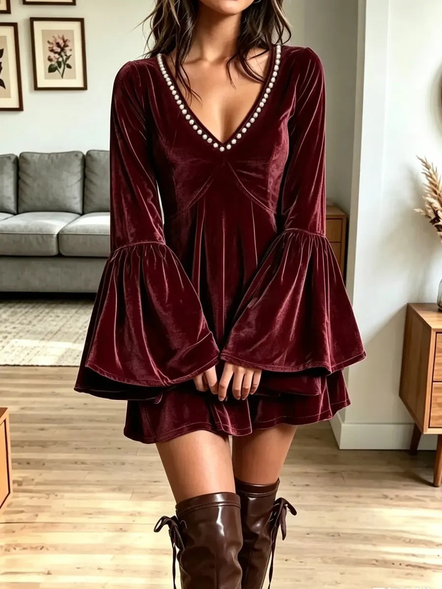 Vintage V Collar Art Pearl Casual Stylish Long Sleeve Mini Velvet Dress