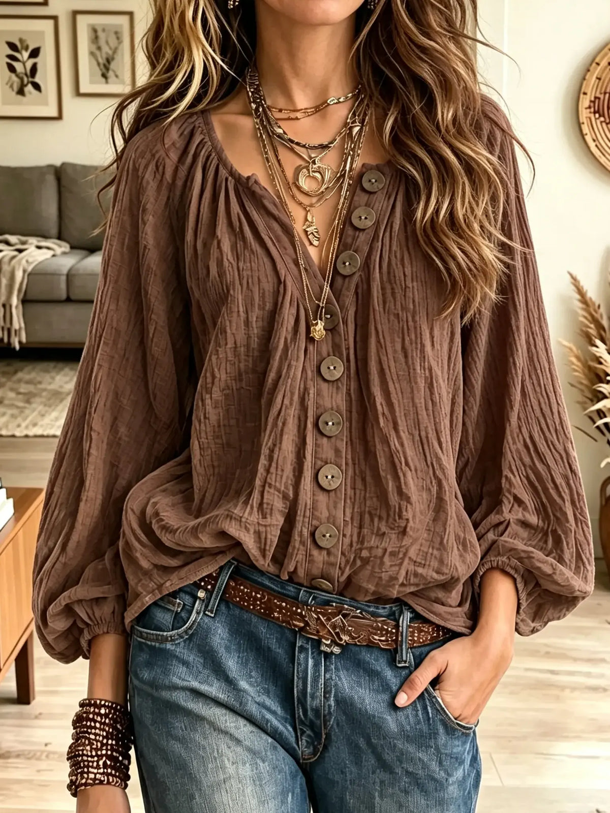 Women's Crinkle Textured Button-Down Bohemian Peasant Blouse