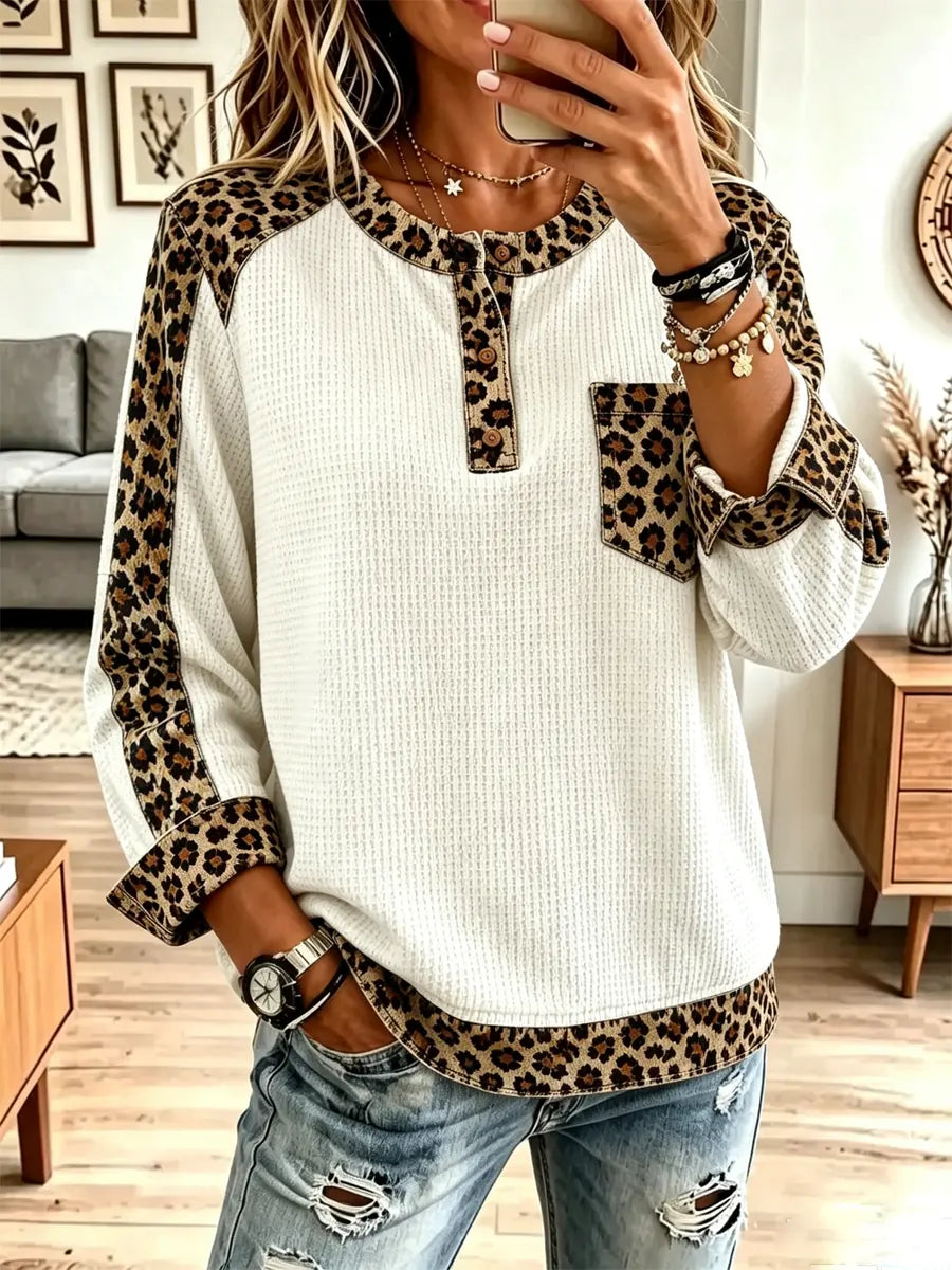 Retro Chic Leopard Pattern Art Casual Stylish Long Sleeve Shirt
