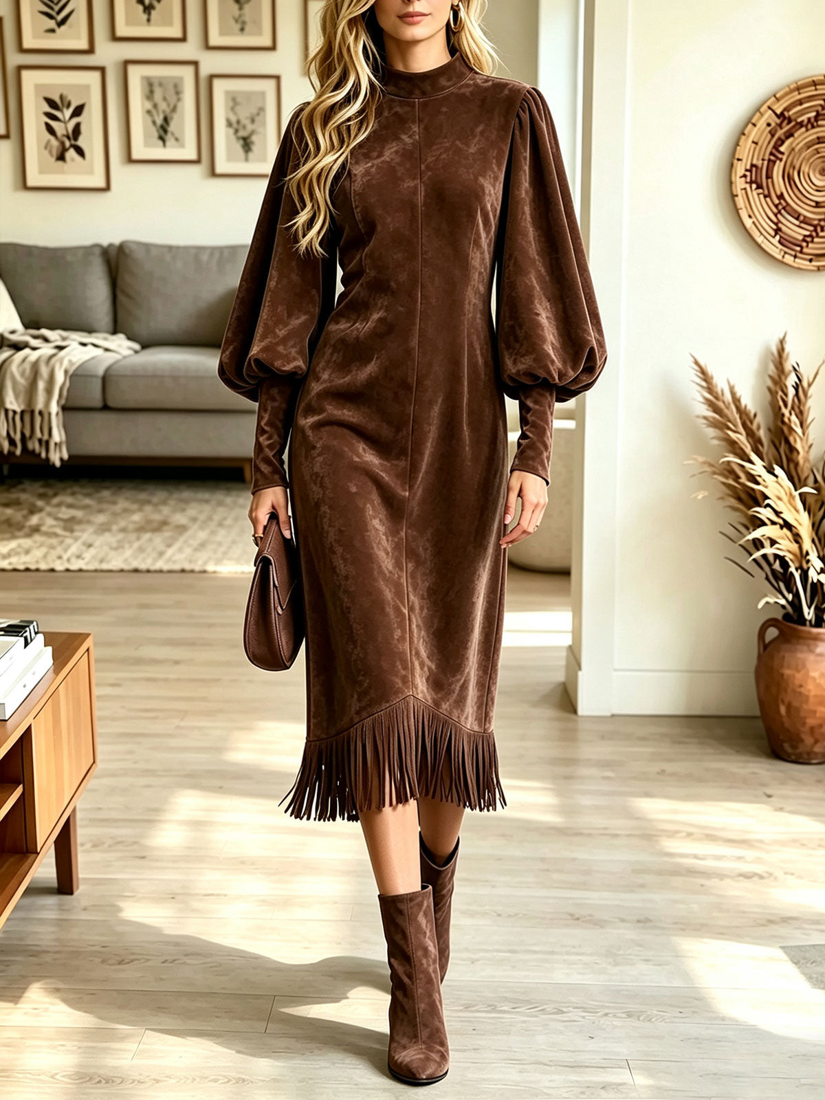 Women's Faux Suede Fringe Dress, Mock Neck Puff Sleeve Retro Cowgirl Mini Dress