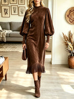 Women's Faux Suede Fringe Dress, Mock Neck Puff Sleeve Retro Cowgirl Mini Dress