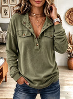 Women's Olive Green Utility Pullover Sweatshirt with Snap Button Placket and Chest Pockets