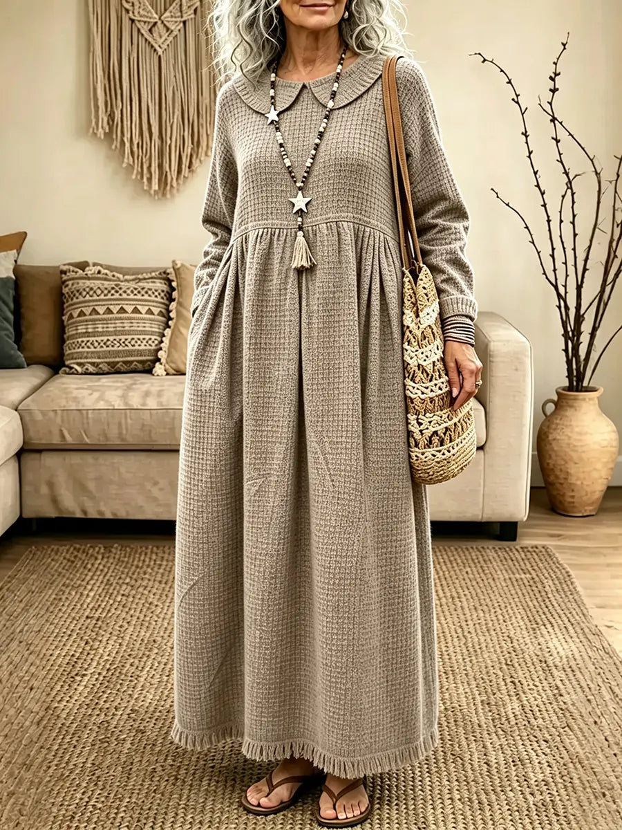 Women's Bohemian Peter Pan Collar Waffle Knit Dress