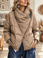 Women's Khaki Asymmetric Puffer Jacket with Wrap Collar and Buckle Trim