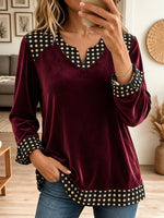 Women Burgundy Velvet Polka Dot Splice V Neck Long Sleeve Blouse