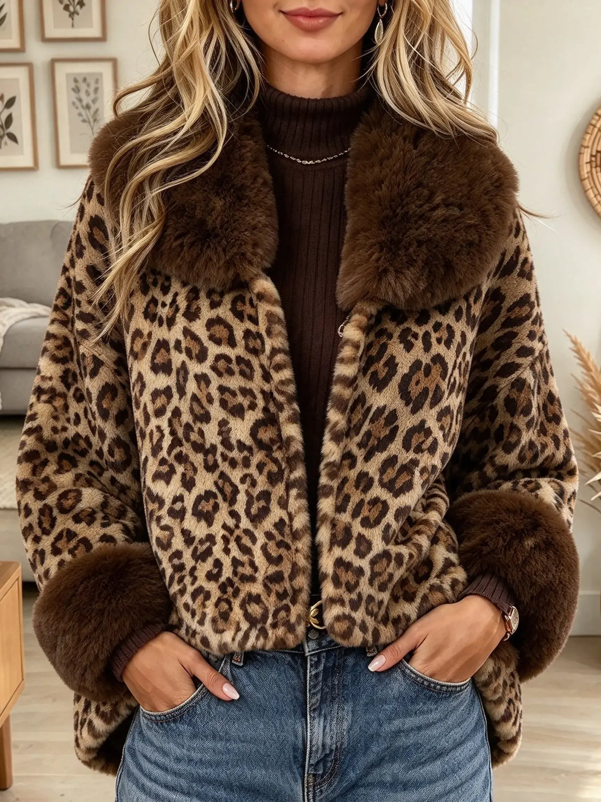 Women's Leopard Faux Fur Collar Coat