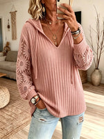 Women Solid Sunflower Lace Spliced Hooded Knit Top