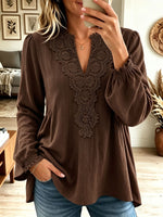 Women V Neck Lace Applique Long Puff Sleeve Blouse Textured Loose Tunic Shirt